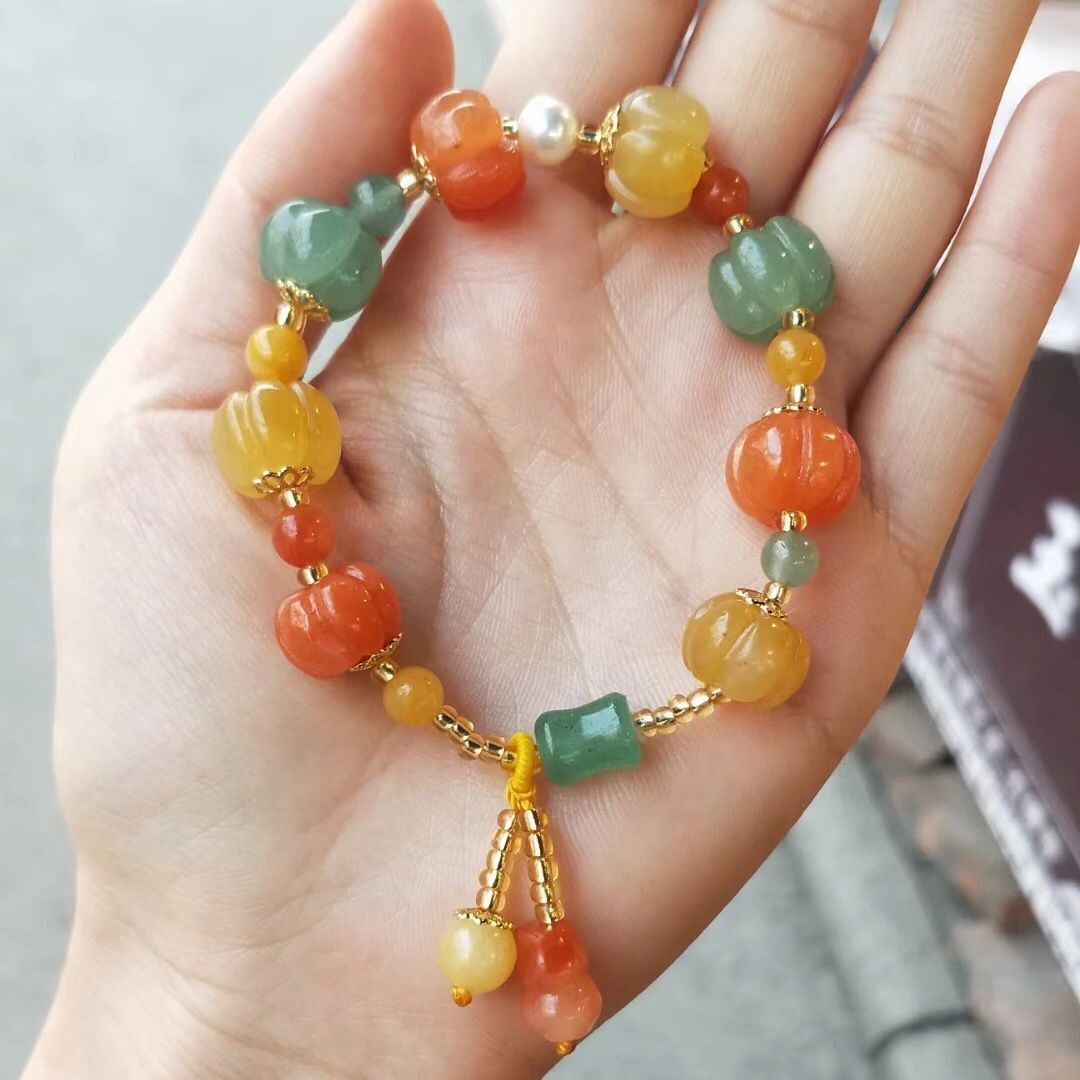 批发 新疆金丝玉南瓜珠手链手串 金丝玉葫芦吊坠女手环玉石民族风