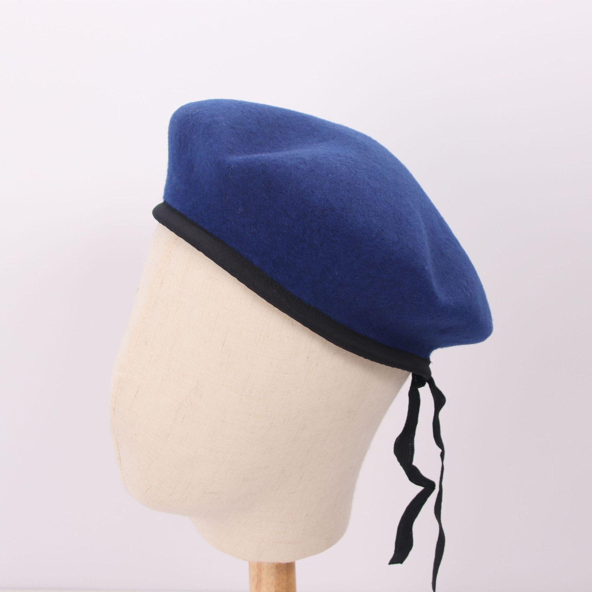 厂家直供蓝色羊毛贝雷帽军帽织带包边加内衬军训帽保安帽
