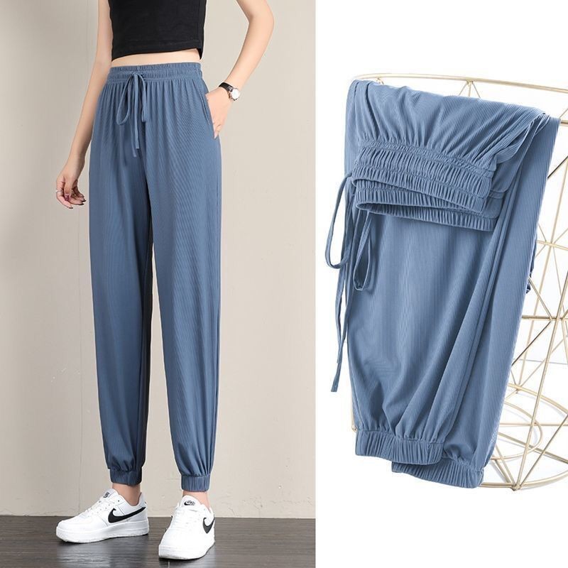 Ice Silk Sports Pants for Female Students Korean Style Loose Large Size Slimming Summer Thin Casual Sweatpants Smooth Ankle-Length Pants Women