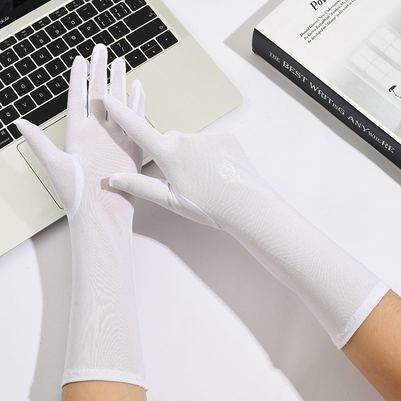 跨境中长款刺绣小花弹力牛奶丝手套女士春夏薄款开车骑行防晒手套