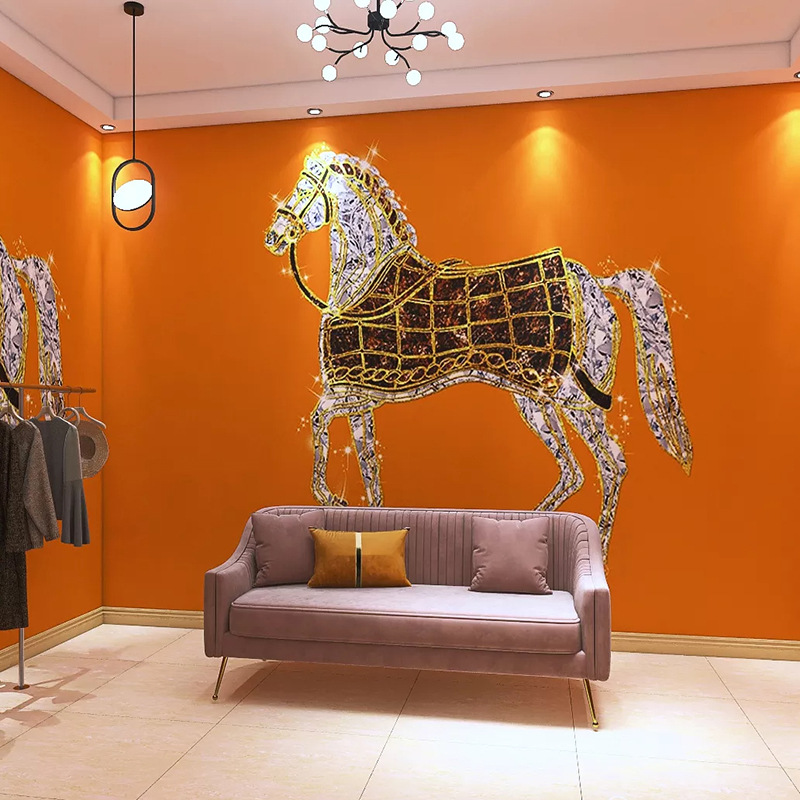 北欧轻奢爱马仕橙色壁纸服装店直播间背景墙纸麻将棋牌室橘色墙布