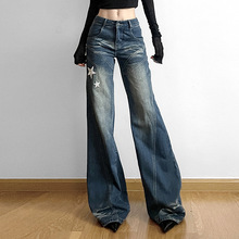 美式星星贴布刺绣分割低腰牛仔裤女新款时尚直筒拖地显瘦休闲长裤