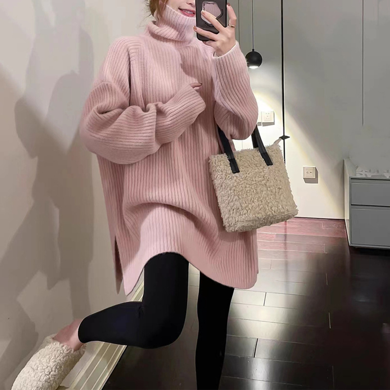 Women‘s Korean-Style Loose and Lazy Style Turtleneck Sweater Autumn and Winter New Split Design Pullover Solid Color Sweater Top