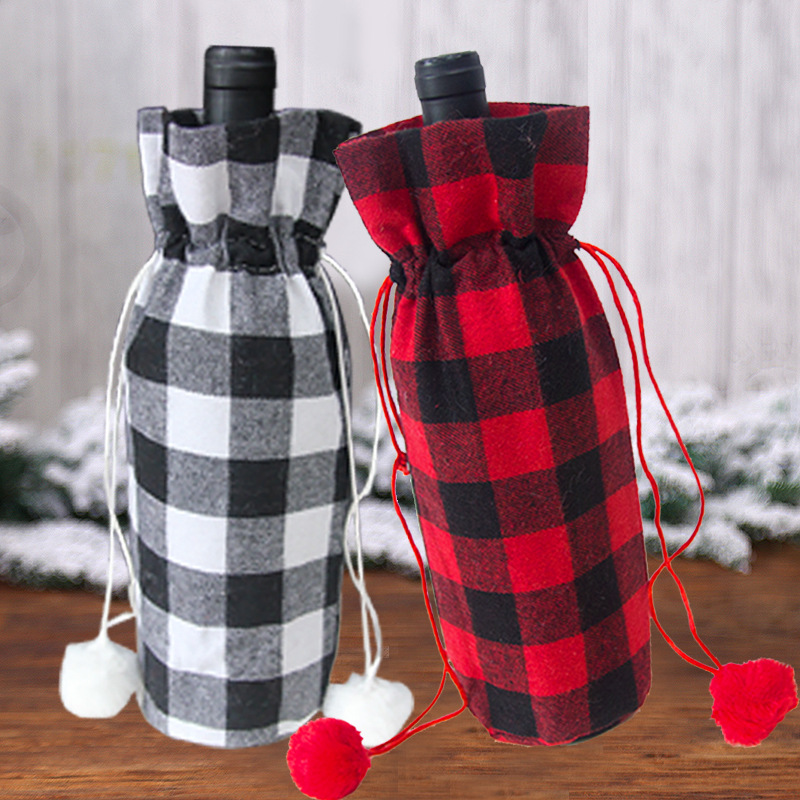 Linen Drawstring Red Wine Bag Wholesale Christmas Checked Cloth Wine Bag Spot Drawstring Bundle Linen Wine Packaging Bags