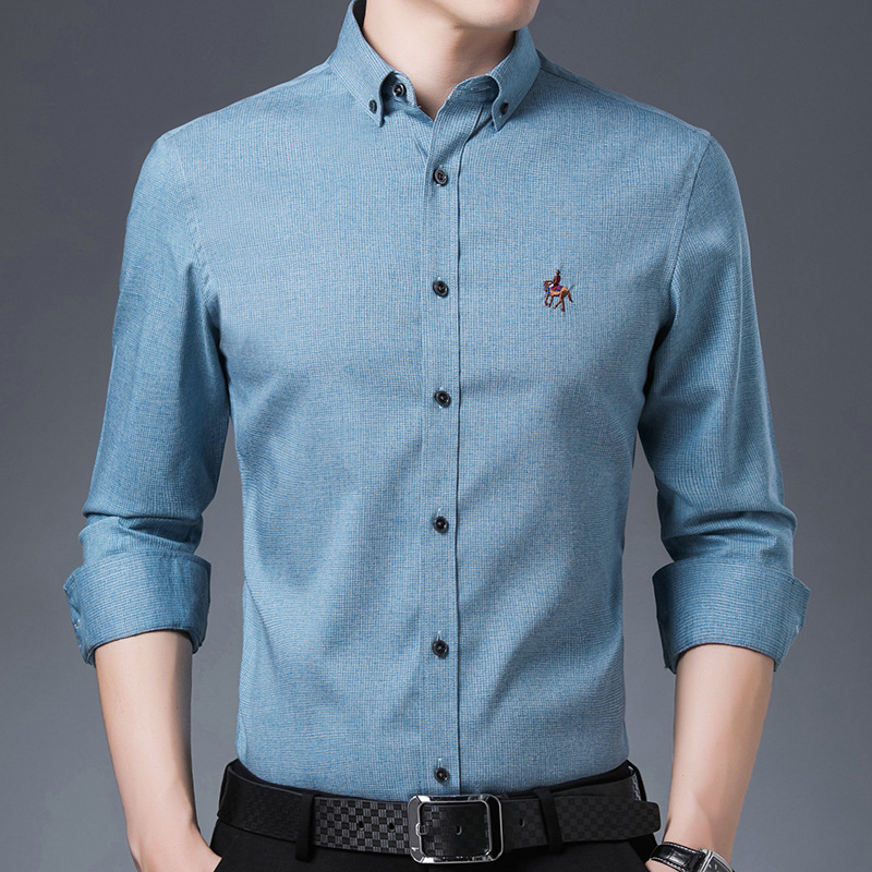 New Long Sleeve Shirt Men's Slim Fit Business Leisure Iron-Free Formal Wear Draping Bamboo Fiber Blue Business Shirt Tide