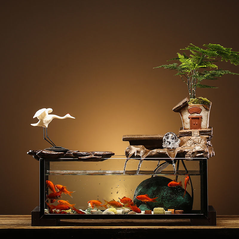 新中式创意招财流水玻璃鱼缸摆件水循环家用玄关客厅办公桌面装饰