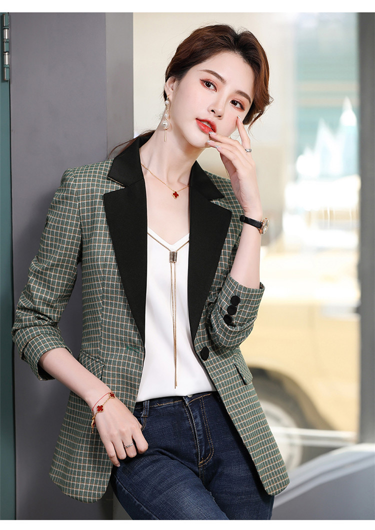 格子西装外套女春秋时尚气质韩版英伦风修身撞色拼接休闲西服上衣