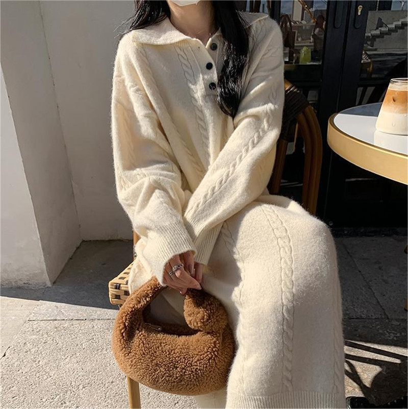 Long Idle Style Lapel Knitted Dress 2024 Spring and Autumn New Design Sense Solid Color Cable-Knit Sweater Base Skirt