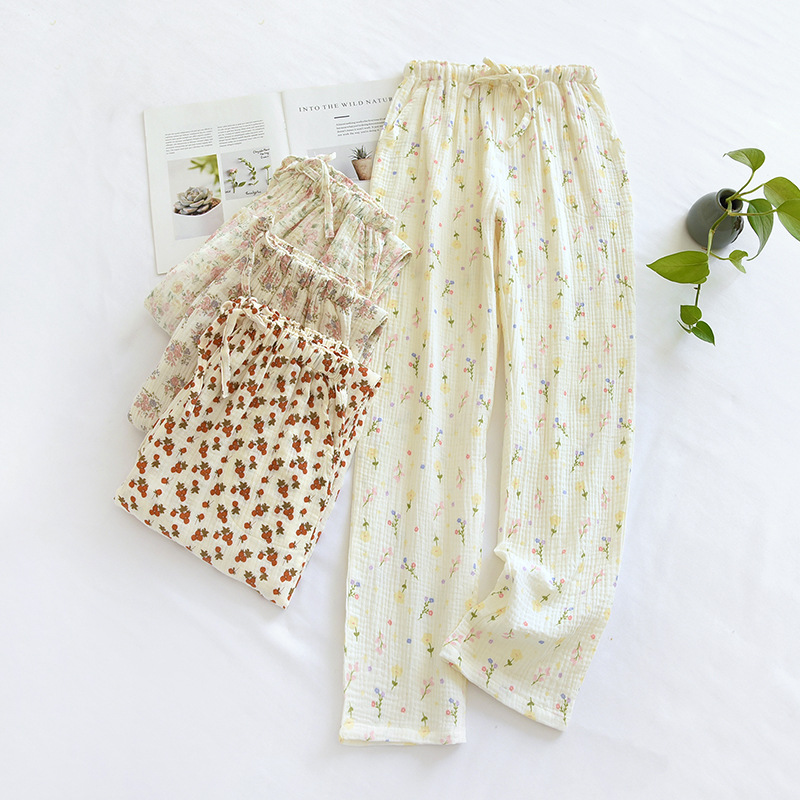 spring and autumn pure cotton home wear pajama pants lady student printing double-layer gauze elastic waist pants japanese casual suitable for daily wear