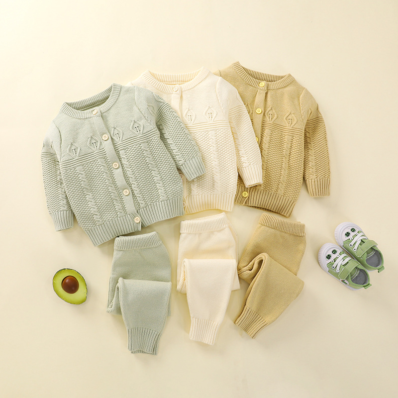 Spring Coat Wholesale New Warm Baby Split Spring and Autumn Girls' Sweater Suit Solid Color round Neck Cardigan Retail Baby Clothes