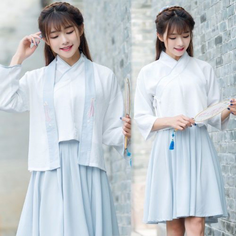 夏秋季女装汉元素套装古装改良汉服日常学生绣花交领上衣褙子襦裙