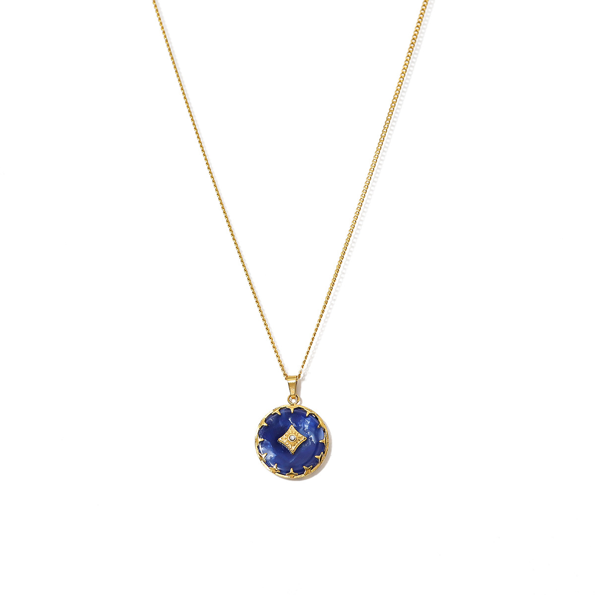 Foreign Trade French Royal Style Dark Blue Natural Stone Pendant Necklace 18K Gold Plating Vintage Engraving Clavicle Chain Necklace