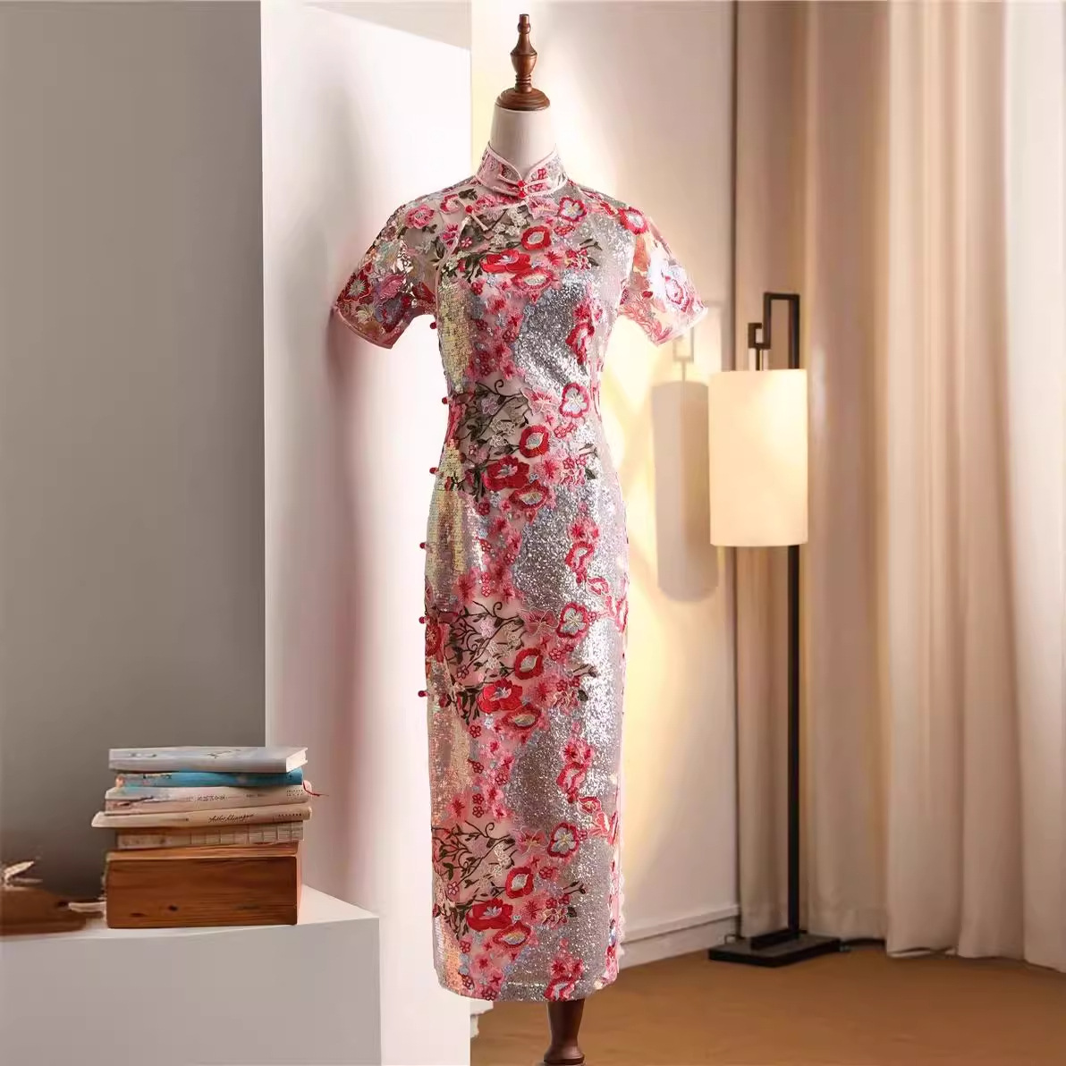 现货新中式旗袍晚礼服小众主持高定粉色亮2024新款高端轻奢片闪雅