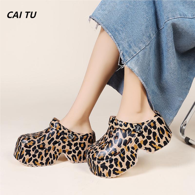 豹纹洞洞鞋女夏季外穿松糕花园凉拖鞋户外时尚两穿高跟厚底凉鞋女