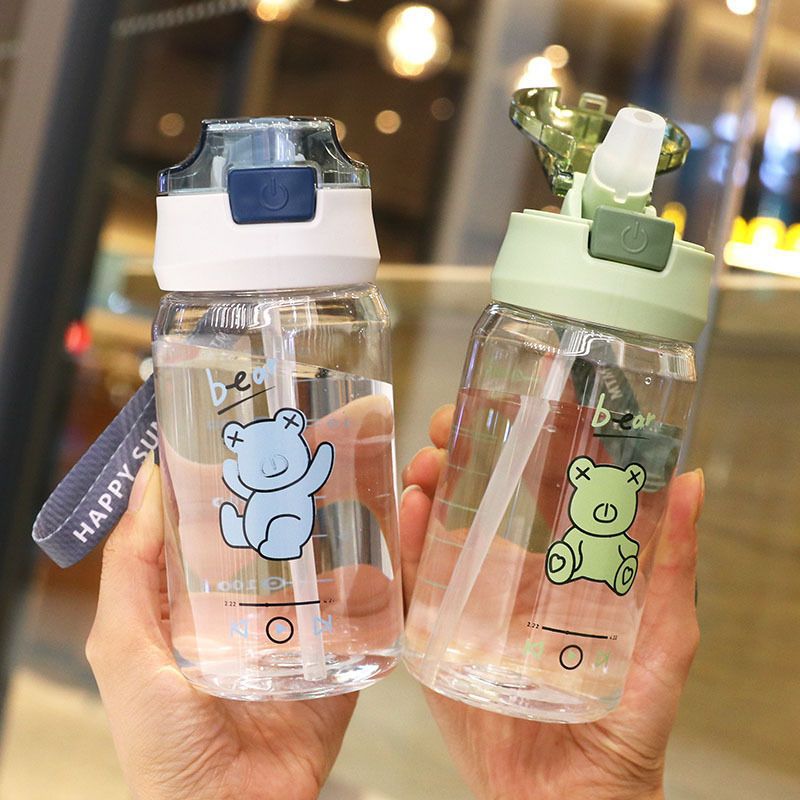 Water Bottle with Rope High-Looking Children's Cute Plastic Water Cup New Student Portable Cup Straw Cup