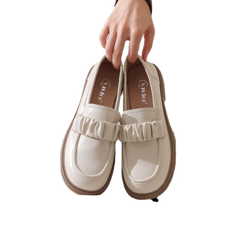 白色乐福鞋女新款厚底粗跟时尚英伦单鞋学院风一脚蹬小皮鞋独立站