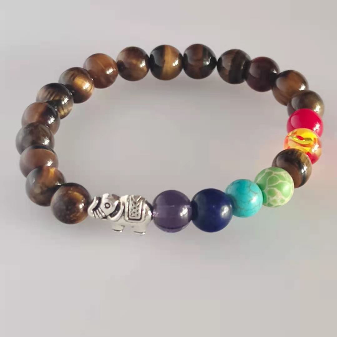 欧美虎眼石紫晶石头能量大象瑜珈手链男女弹力七彩手串手链批发