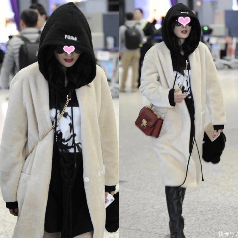 2022秋冬新款杨幂明星同款羊羔毛外套休闲保暖白色连帽大衣女3719