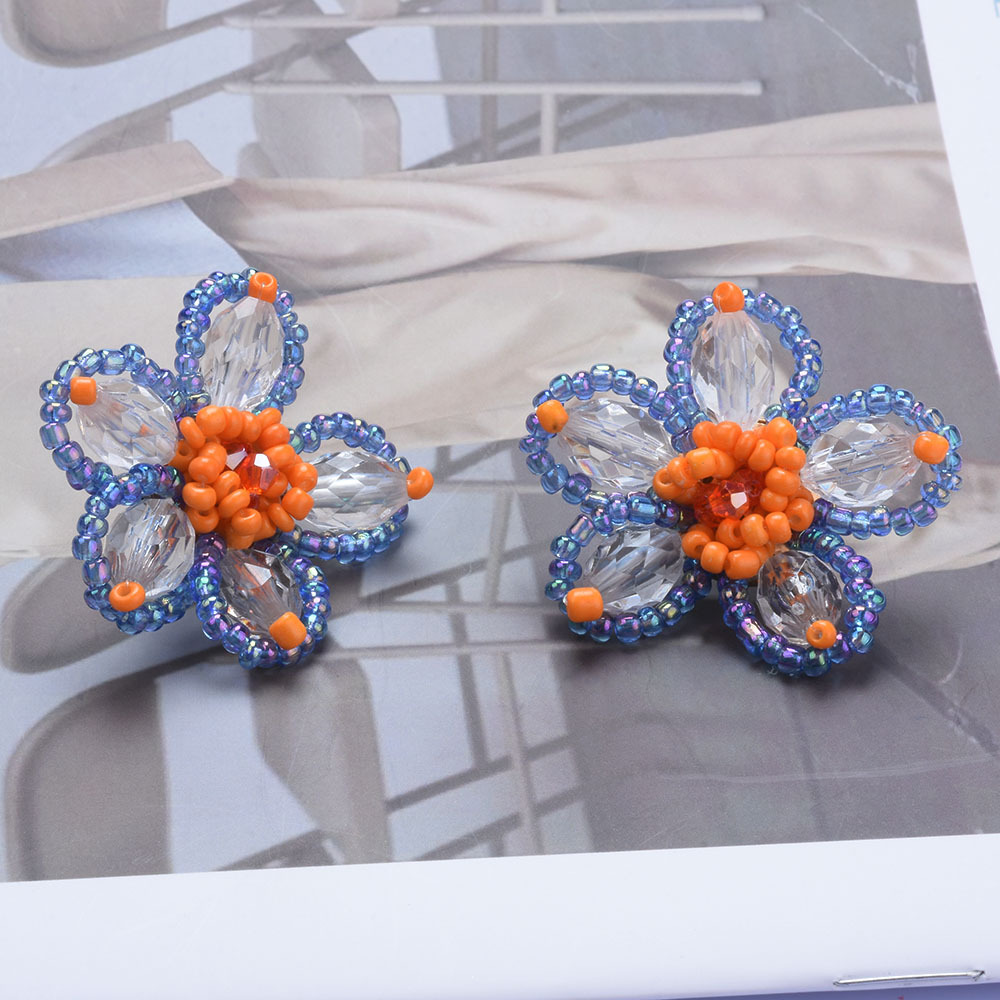 za秋冬款夸张手工编织米珠花卉耳环女欧美复古波西米亚风串珠耳钉