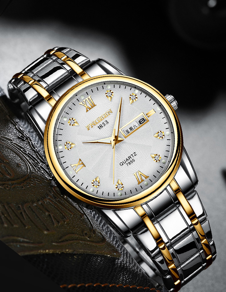 芬尊新款男士间金钢带情侣女表镶钻时尚手表男学生表防水双日历