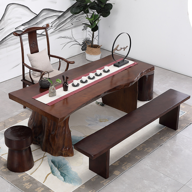 新中式原木大板茶桌办公室复古茶几家用茶室客厅实木泡茶桌椅组合