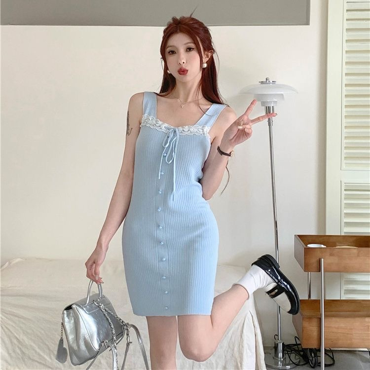 辣妹蕾丝边针织吊带连衣裙女夏系带收腰包臀裙小个子无袖背心短裙