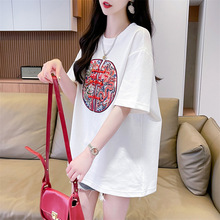 新中式国风短袖T恤女2024高级感圆领宽松红色半袖上衣时尚印花T恤