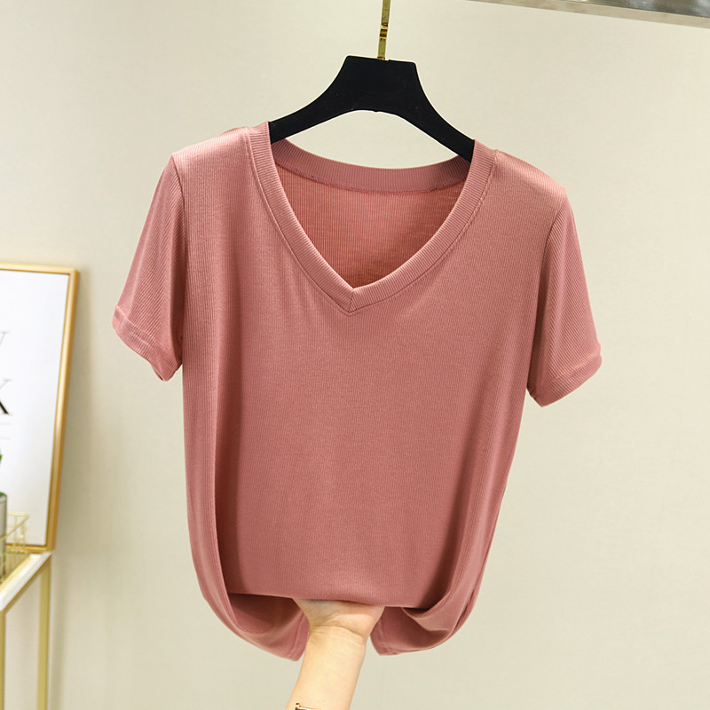 2021新款v领莫代尔短袖t恤女夏季薄款内搭宽松打底衫百搭外穿上衣