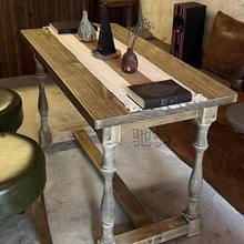 棙T美式轻奢实木餐桌椅组合欧式复古长方形茶桌原木咖啡桌办公长