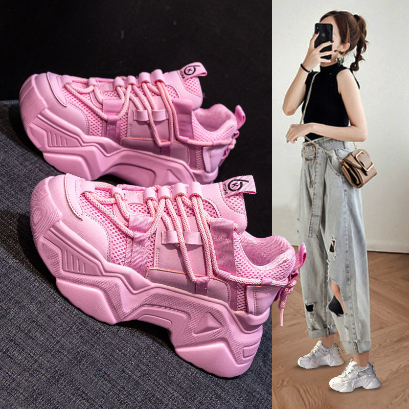 粉色老爹鞋子女秋ins潮2021年新款夏季网面透气厚底增高运动鞋子