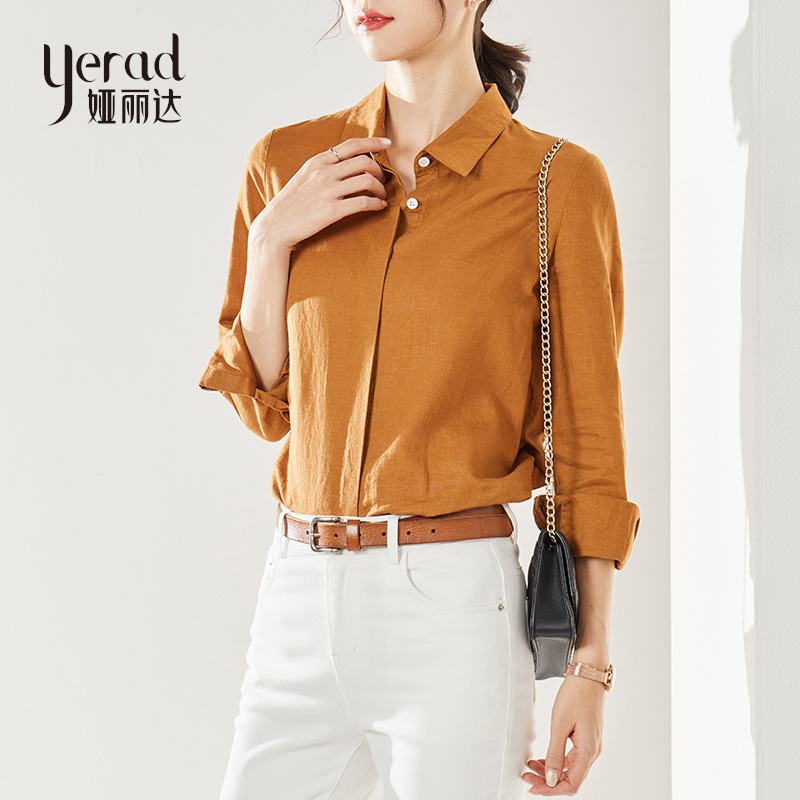 娅丽达女装高品质亚麻白衬衫女设计感小众上衣2021春新款长袖衬衣