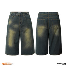Lawfoo夏季新款原创国潮美式复古水洗做旧耐脏牛仔裤直筒五分男裤