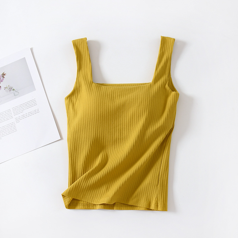 Square Collar Vest with Chest Pad Women's Camisole Base Wireless Bra Underwear Inner Thread Cotton off-Shoulder Top Summer