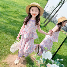 女小童满印花朵套装夏季2024新款女宝宝韩版背心长裤休闲两件套