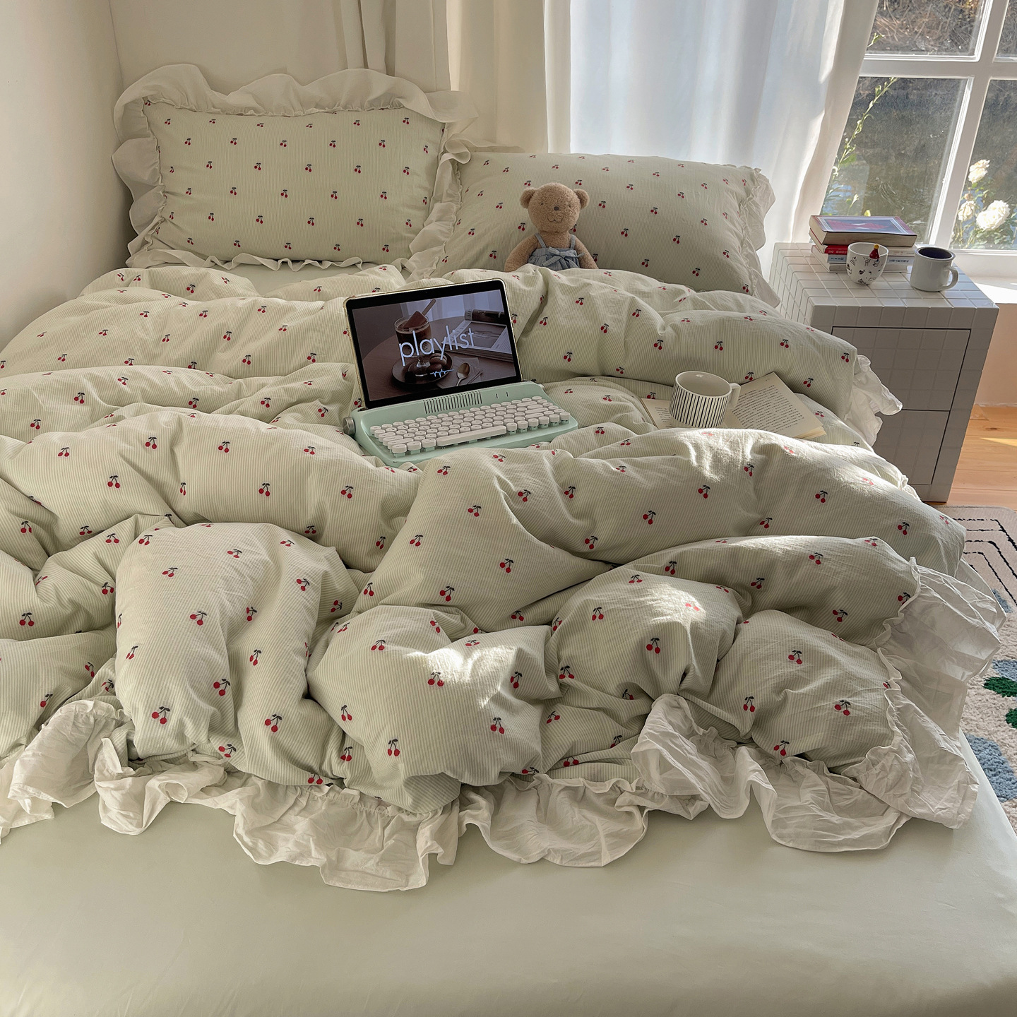 色织提花纯棉水洗棉小樱桃三四件套少女清新全棉春秋床单花边被套