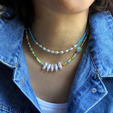纯色米珠手工串珠项链女小众设计感珍珠米珠拼接项链锁骨链批发