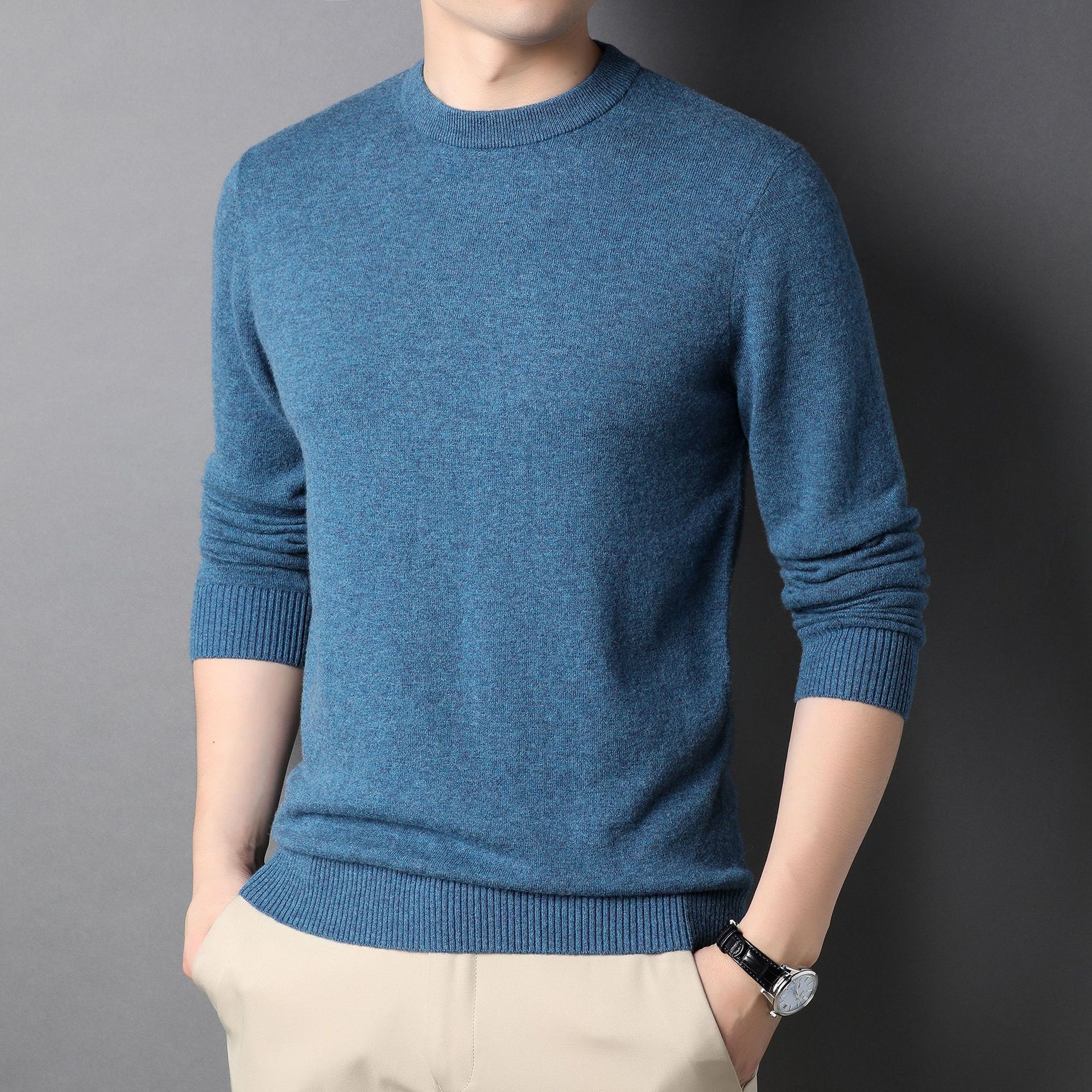 毛衣男士纯色羊毛衫秋冬新款100纯羊毛圆领套头衫青年男装打底衫