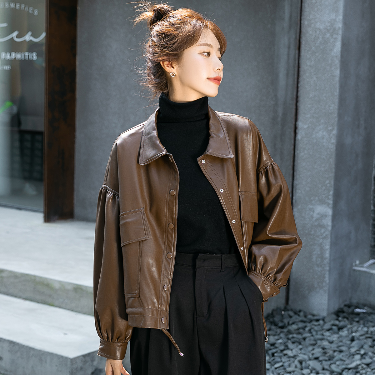 Short Leather Jacket Women's 2023 Autumn and Spring New Korean-Style Long-Sleeved Single-Breasted Non-Hooded Brown Loose Leather Coat