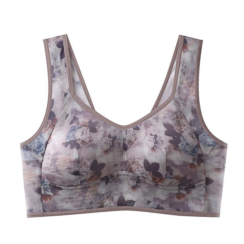 Mesh Floral Print plus Size Underwear One-Piece Cup Backless Bra Vest Style Push up Bra Women's Breathable Big Chest and Small