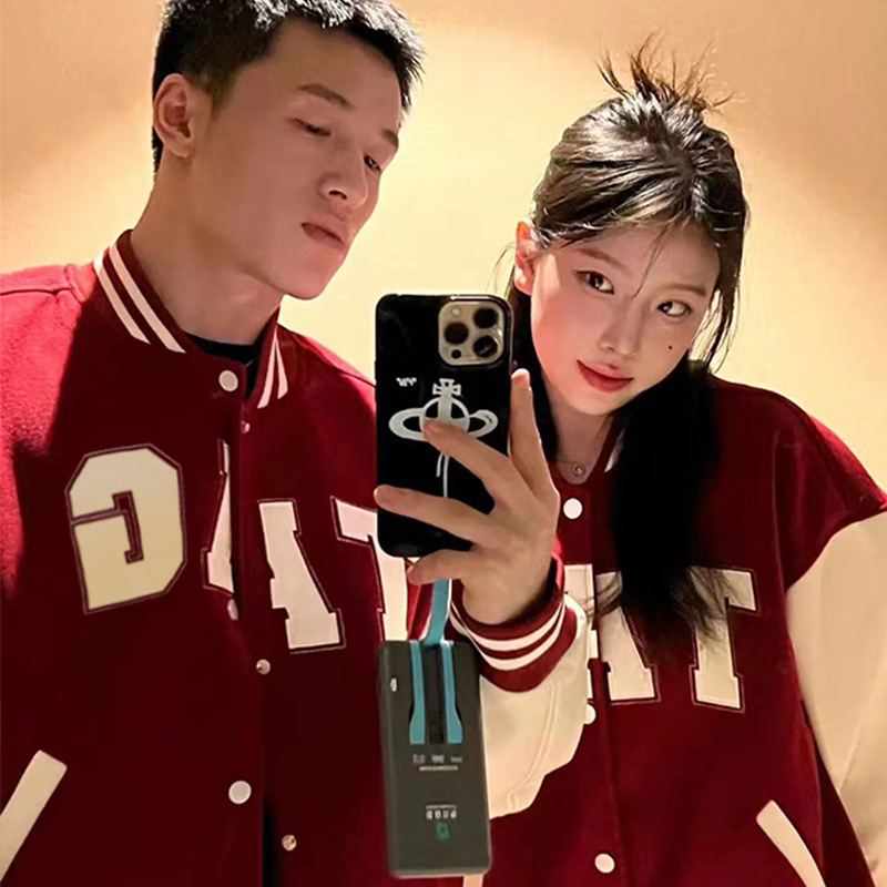 情侣装2024新款秋冬季赵露思同款棒球服棉服外套加绒加厚红色夹克