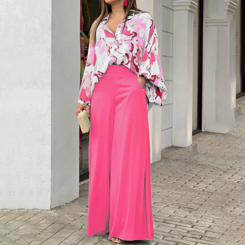 women clothes European and American Women's Clothing Independent Station Spring Ebay Printed Shirt Elegant Wide Leg Pants Fashion Casual Set