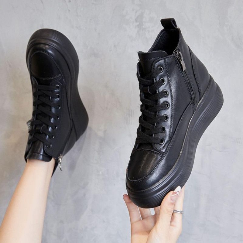 全黑色内增高女鞋增高春秋爆款短款马丁靴厚底休闲高帮鞋-阿里巴巴
