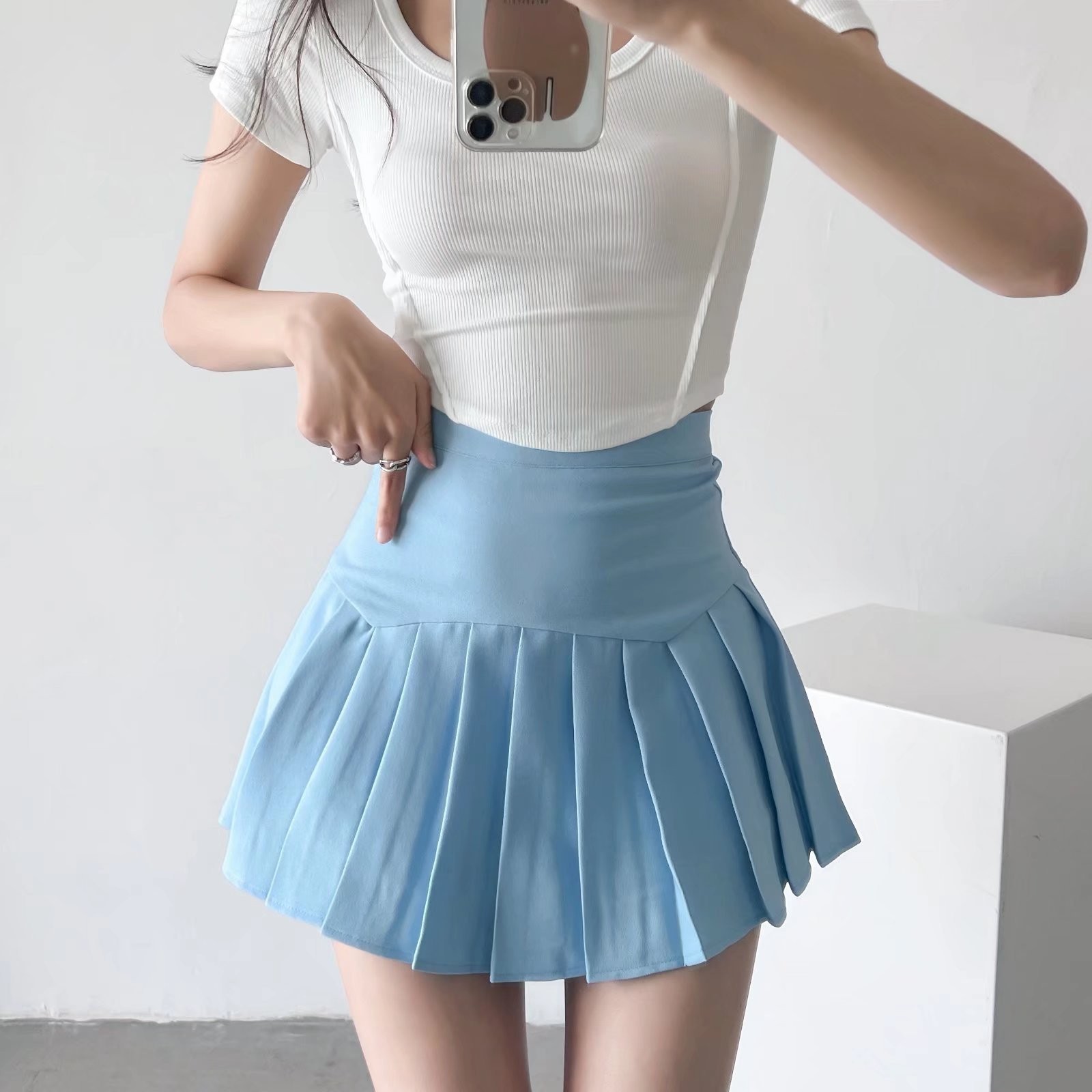 纯欲风辣妹百褶裙女 夏季新款高腰显腿长纯色翘臀短裙半身裙代发