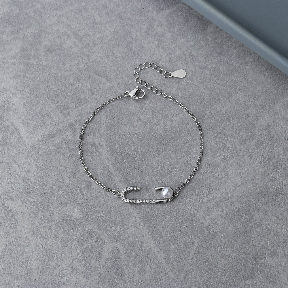 日韩小众设计珍珠别针手链ins韩网红超闪锆石回形针手环礼物新款