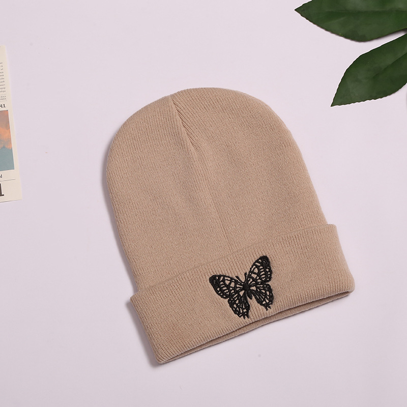 Spring, Autumn and Winter New English Text Knitted Hat Embroidery Warm Fashion Sleeve Cap Solid Color Trend Butterfly Woolen Cap