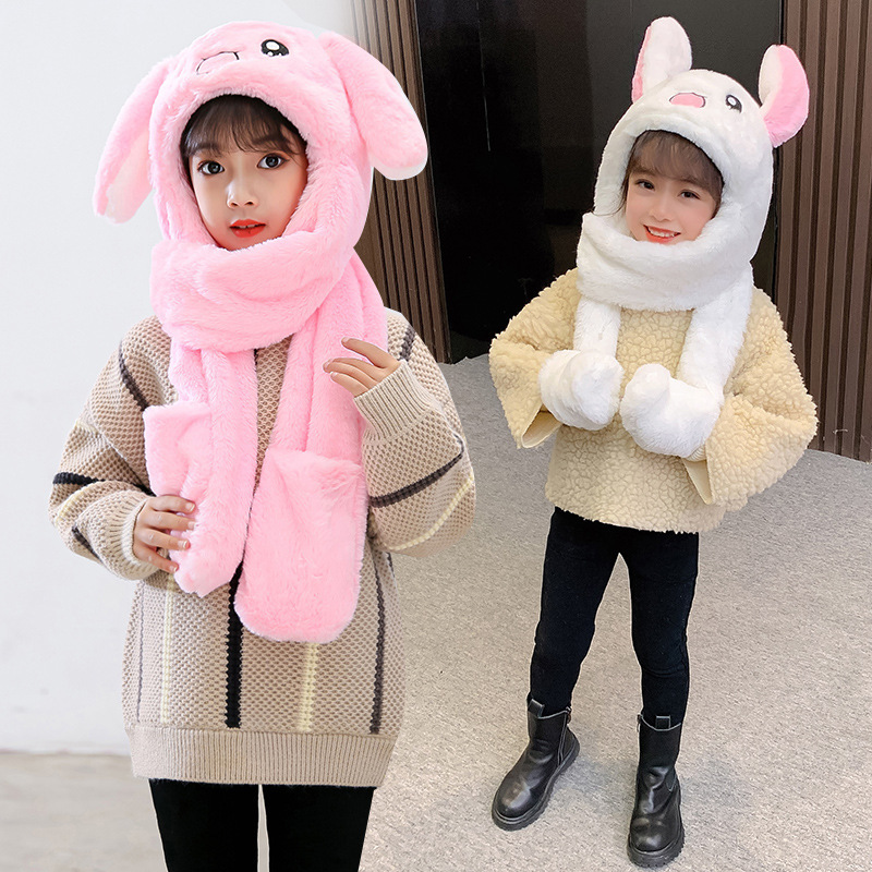新款冬季儿童帽子围巾一体女童加厚保暖毛绒可爱兔子耳朵会动御寒