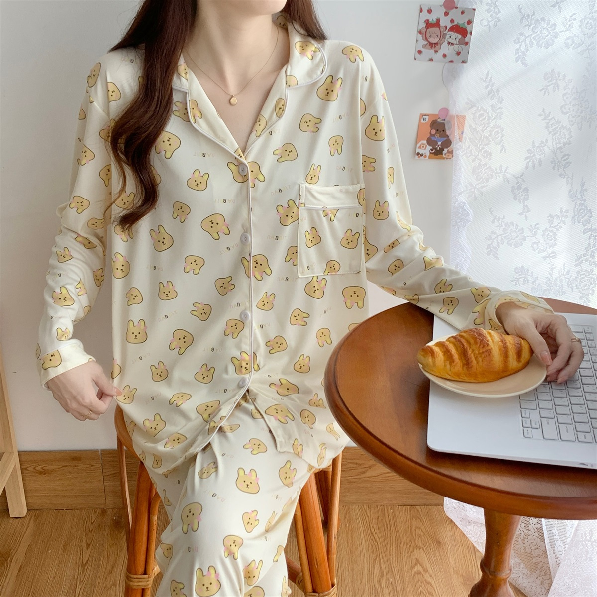 新款ins 风休闲舒适女睡衣女士长袖长裤睡衣家居服仿棉牛奶丝批发