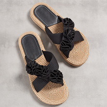 新款夏季一字女拖鞋麻绳底纯色时尚潮流室内户外黑色花朵拖鞋