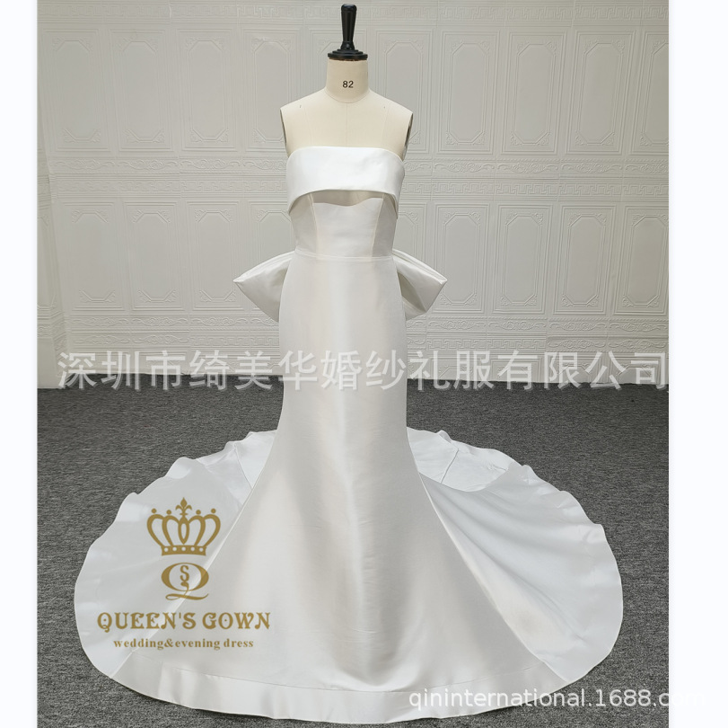 外贸工厂优雅缎面鱼尾婚纱蝴蝶结新娘婚纱无袖抹胸大拖尾新娘礼服
