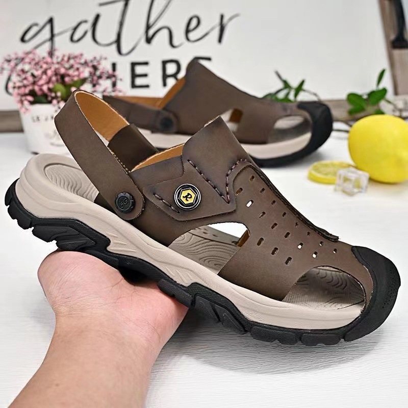 外贸出口意大利大牌原单撤柜真皮凉鞋软底包头沙滩鞋一体两穿凉拖